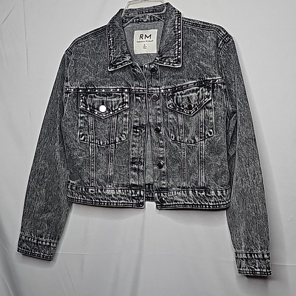 NWT Rebecca Minkoff RM studded bling acid washed gray cropped jean jacket sz M